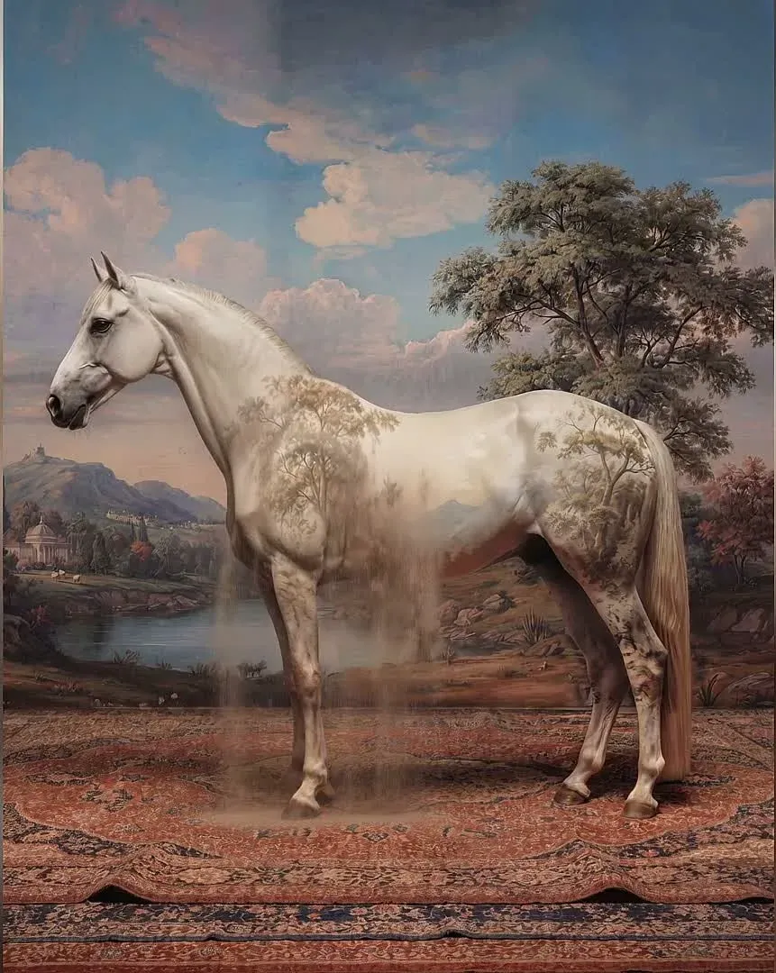 A View, On Loan — a white thoroughbred on a Persian carpet, with the painted landscape behind it climbing onto and dissolving into its coat