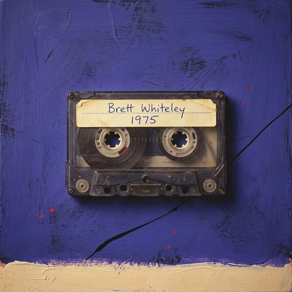 Cassette tile labelled Brett Whiteley, 1975, on a purple painted ground