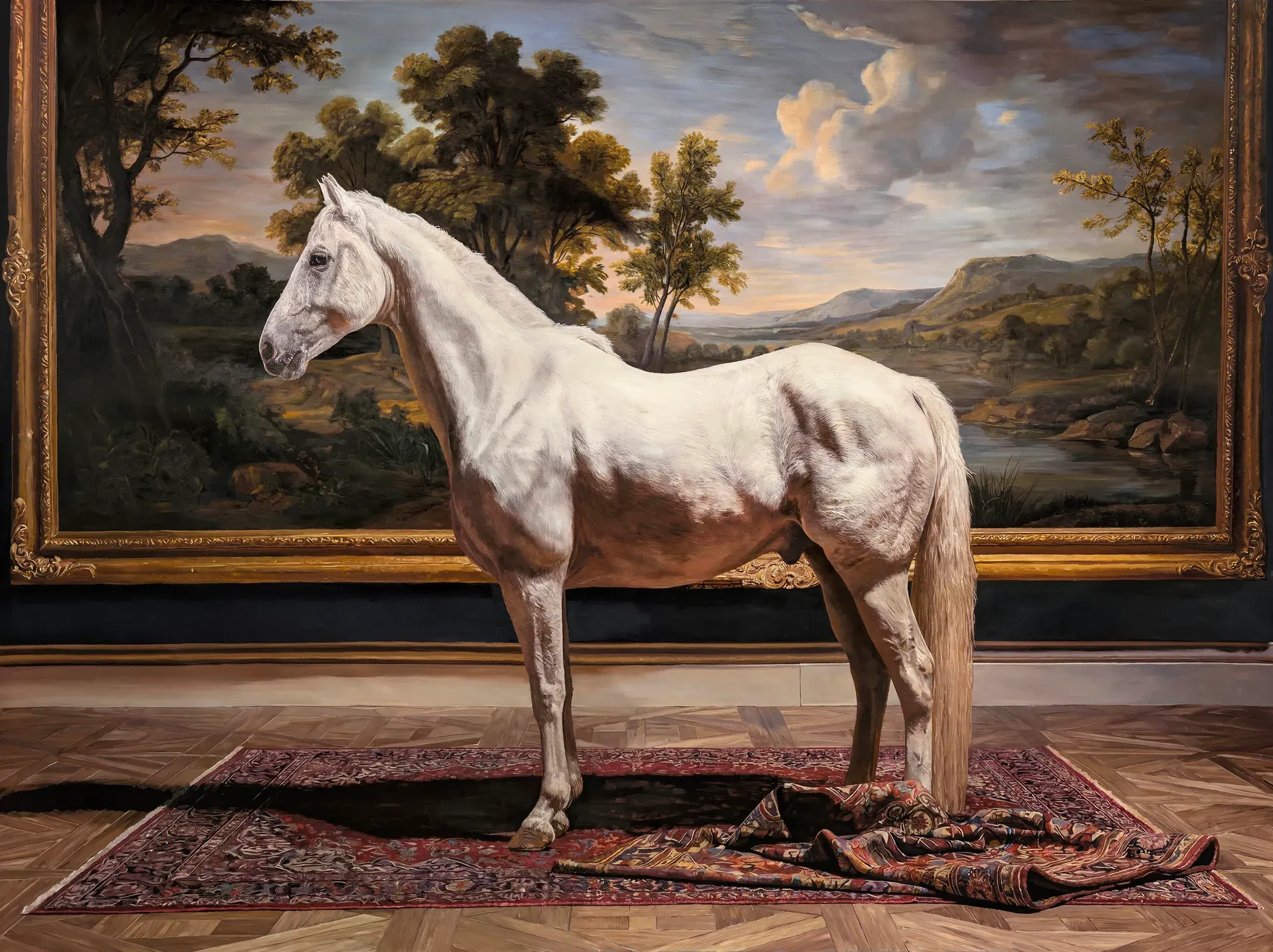 Clouds after Lunch — a thoroughbred standing on parquet flooring and a crumpled Persian rug, in front of a large gold-framed landscape painting
