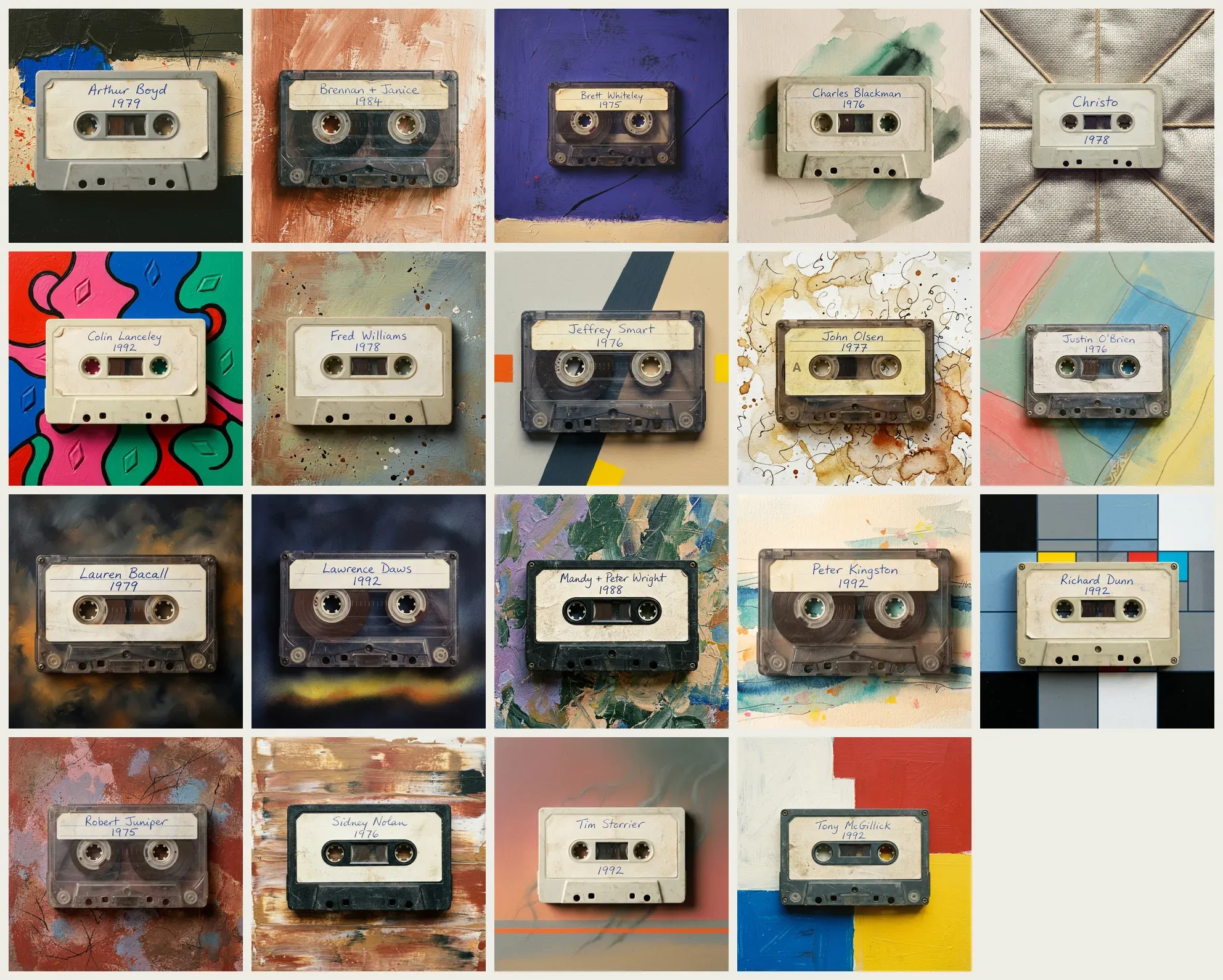 Contact sheet of nineteen labelled cassette tiles, one for each subject of the Sandra McGrath interviews