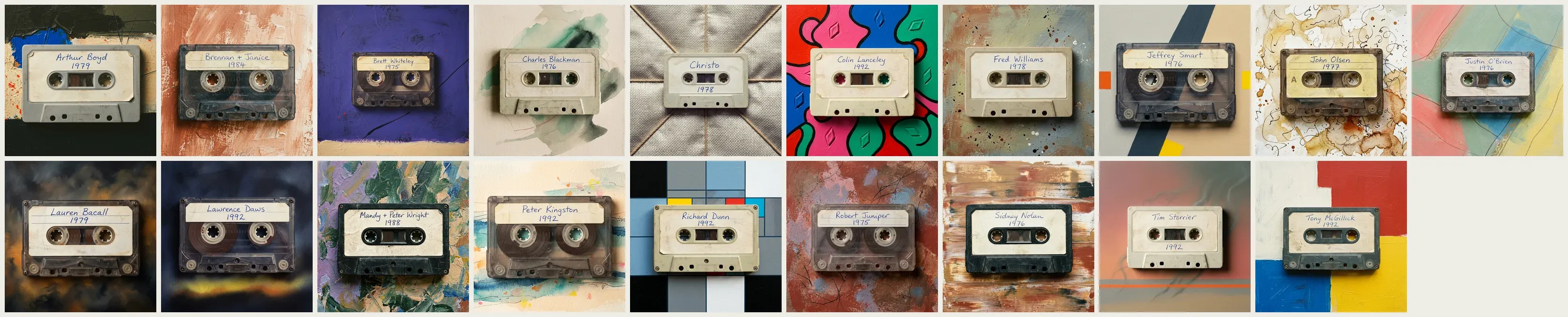 Strip of nineteen labelled cassette tiles in two rows, one for each subject of the Sandra McGrath interviews