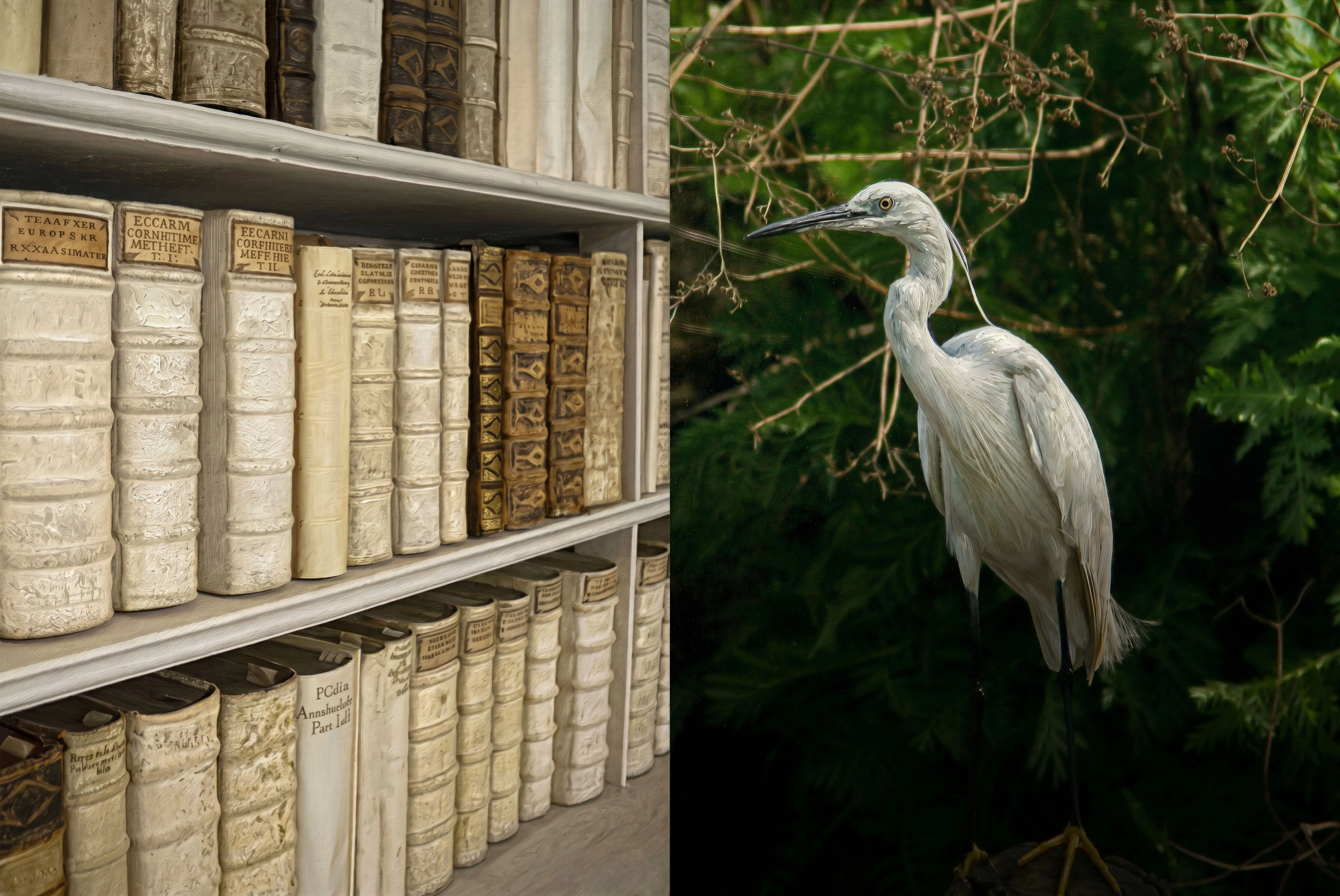 Heron and Books, 2026 — Oil on canvas