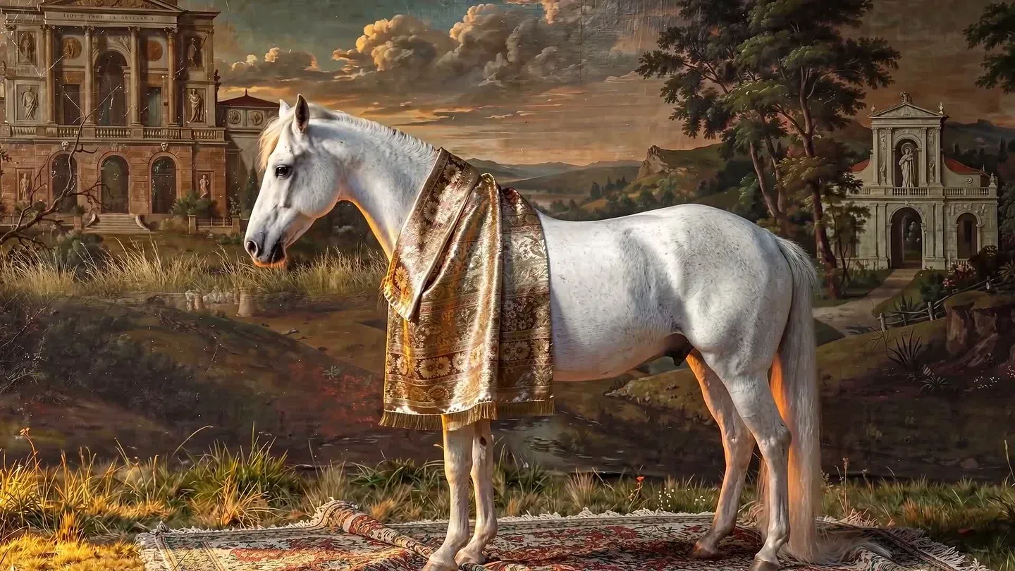 The Duchess — a white thoroughbred draped in gold brocade, standing on a carpet before a classical palazzo and landscape