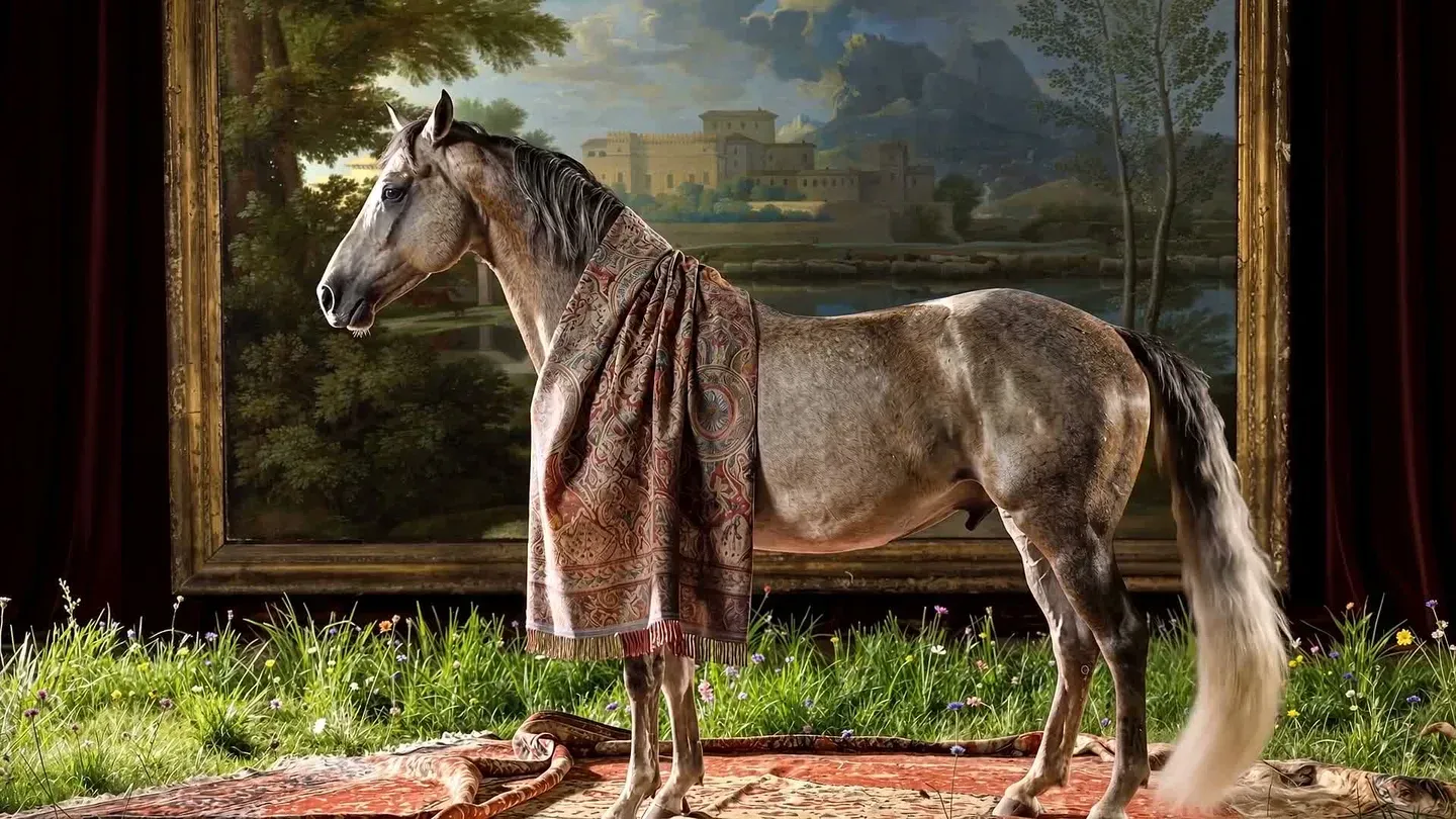 The Patron — a grey thoroughbred in profile, draped in an empty woven mantle, standing on an Oriental carpet in front of a large gold-framed landscape