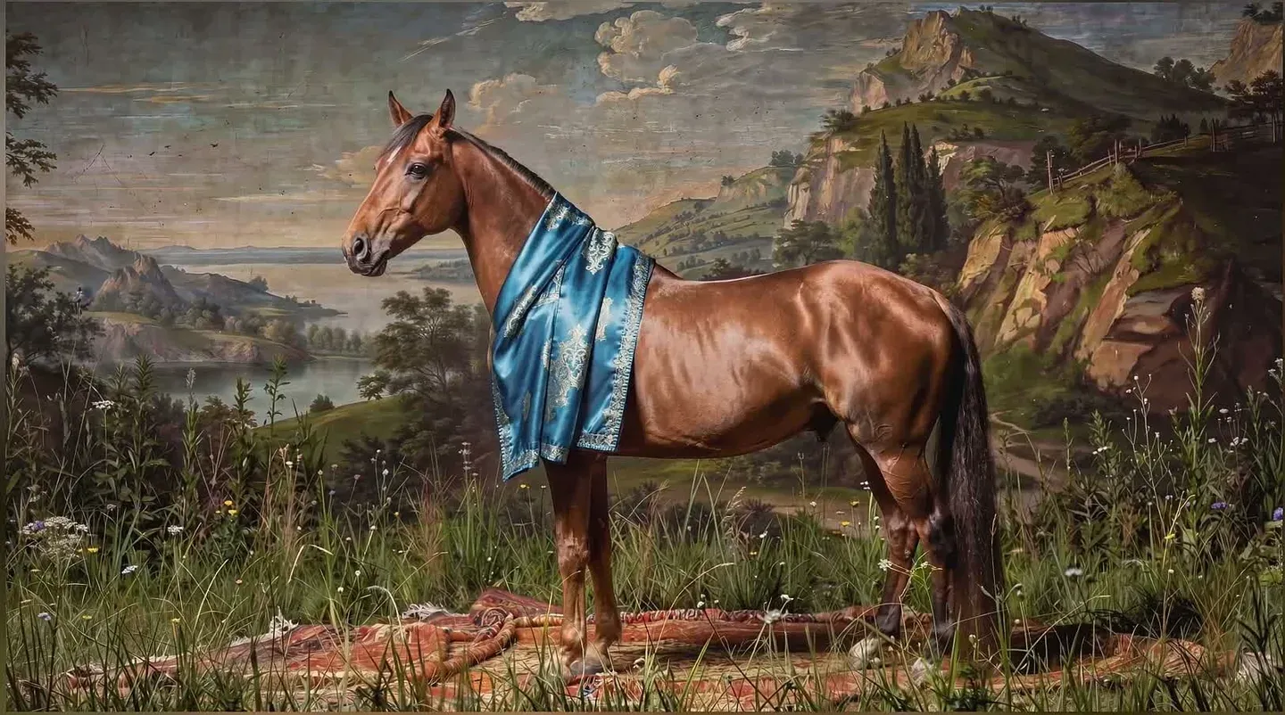 The Pretender — a bay thoroughbred draped in blue silk, standing on a carpet in a painted pastoral landscape
